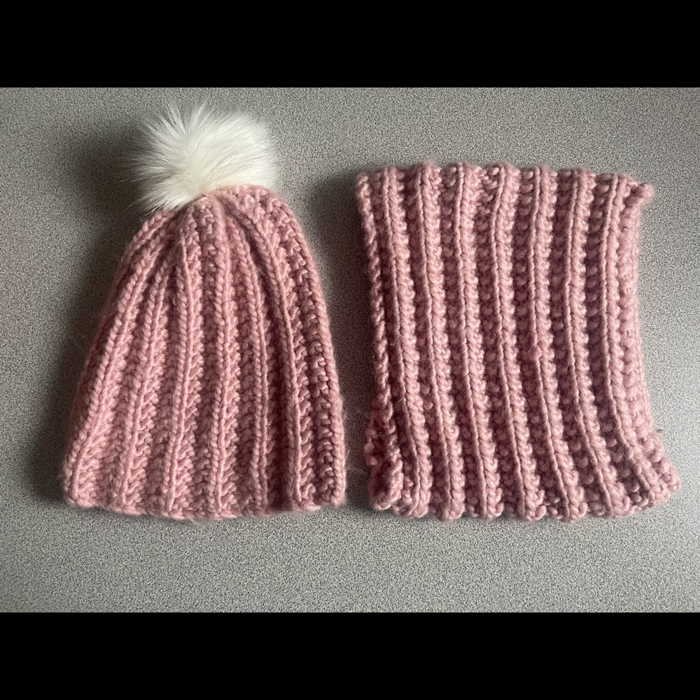 Pink Homemade Knitted Hat & Neck Warmer